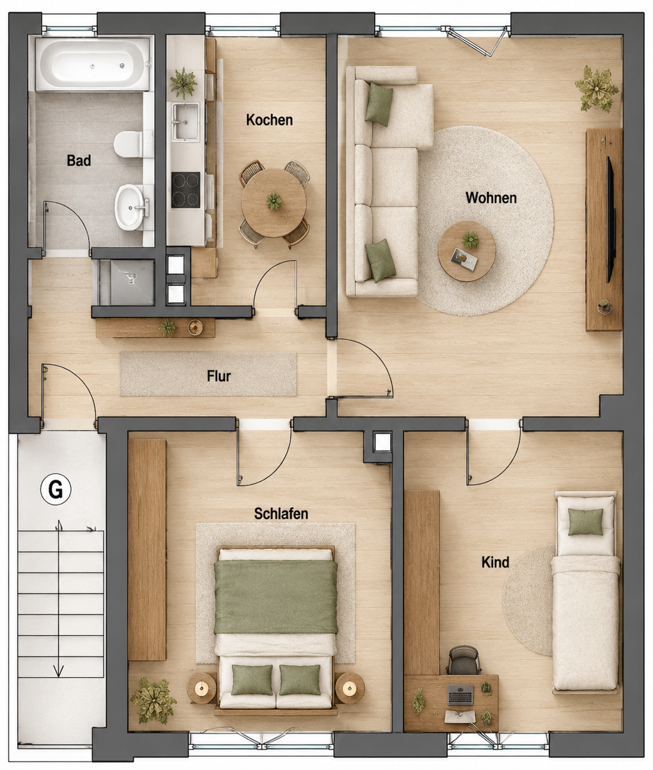 Grundriss der Wohneinheit, 53,09 m²